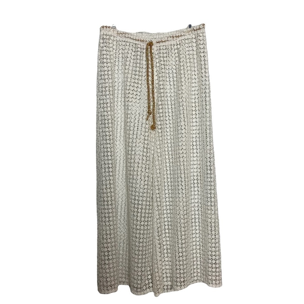 Cruise Style Cabana Beach White Lace Wide Leg w/Gold Waist Beach/ Swim Coverup
